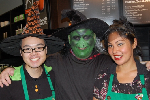 Starbucks staff get into the Halloween spirit.