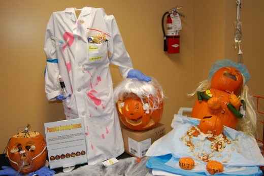 Contenders in the pumpkin carving contest at Parkside Cafe . . . Respirologist Pumpkin, Dr. Pumpkinstein and new mommy Pumpkins.