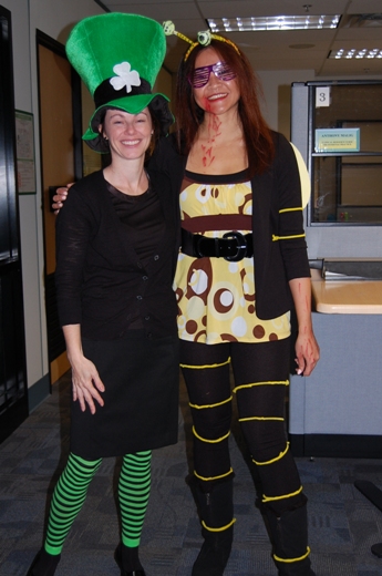 Natalie, the leprechaun, with Cassandra, the killer bee.