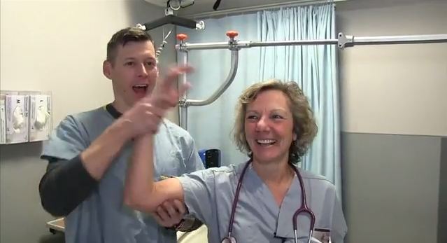 Shawn Celby (left) and Sue Wagner of UBC Hospital show us their version of a great workout in The Outtakes video.