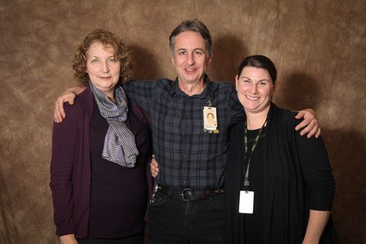 Anne MacCallum (left), speech-language pathogist, celebrated here 25-year anniversary with tech aids consultant Chris Speropoulos and OT Jill Harburn, celebrating her 10th anniversary.  recipient)