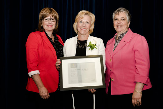 Innovation rewarded: Susan Seeman (centre) shared the ED iCARE team’s time in the spotlight with Shannon Hopkins and Vivian Eliopoulos. 
