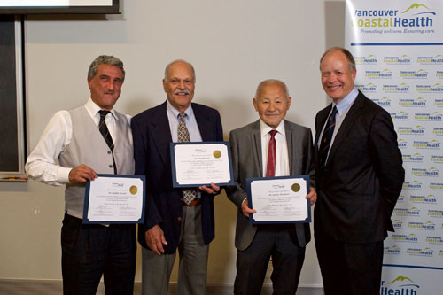 Celebrating 45 years (l to r): Drs. Sheldon Howard, Virenda Seth and Stanley Hashimoto with Dr. Marshall Dahl.