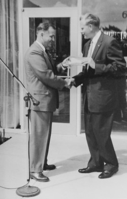 Dr. richard talmey (left) receiving keys to the new Richmond School Board office from Leslie Peterson, Minister of Education, in 1957. (City of Richmond Archives Photograph 1988 18 44)