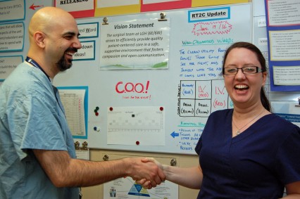 Mike Nader, Chief Operating Officer - Coastal, is keen to hear from you. He's seen here with RN ?? while on rounds on 4E at Lions Gate Hospital.