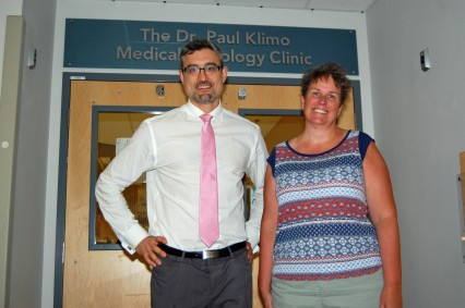 Oncologist Dr. Sasha Smiljanic and Symptom Management RN Laura Wilson are key members of Nigel Deacon's care team at the LGH chemotherapy clinic.