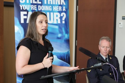 Kerrie Watt, alcohol and drug prevention educator, speaks at the launch of VCH's "Think before you let them Drink" anti-bootlegging campaign at the HOpe Centre on Wednesday.