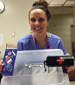 Jaime Gallaher, clinical nurse educator, shows a take-home naloxone kit for overdose patients discharged from the ED at VGH.