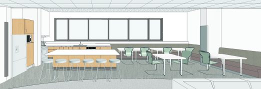 Artist rendering for the kitchen and dining room area in the Carlile Centre, which has been designed to create a homelike environment. The generosity of Variety - The Children's Charity will be recognized with a plaque in the kitchen.