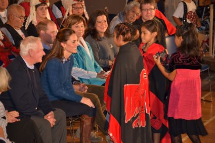 Sasum (children) from the Heiltsuk First Nation meet the Duke and Duchess of Cambridge in Bella Bella.