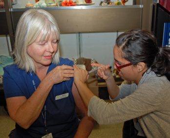 Leslie Gilbert, maternity nursing unit assistant, was one of the many VCH staffers who got their flu shot this week at Lions Gate Hospital.