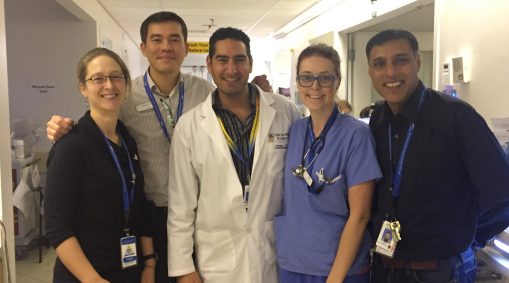  ICU Wishing Well founding members left to right): Allana LeBlanc, clinical nurse specialist ICU, Jackson Lam manager ICU, Dr. George Isac (and former nurse for a day), Julie Lockington ICU RN, Dr. Vinay Dhingra. Absent from the picture is Denise Foster, research nurse, ICU.
