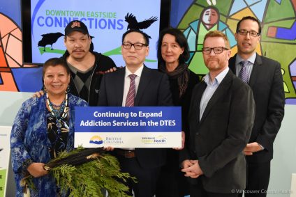 DTES Connections Participants. From Left: Roberta Price, Elder; Rob Morgan, DTES Peer Advisory Group member; Dr Ron Joe, Associate Medical Director, Addictions, Vancouver Community; Monika Stein, DTES Connections manager; Health Minister Terry Lake; and Dr Evan Wood, Medical Director, Addiction Services, VCH; & Director, BC Centre on Substance Use
